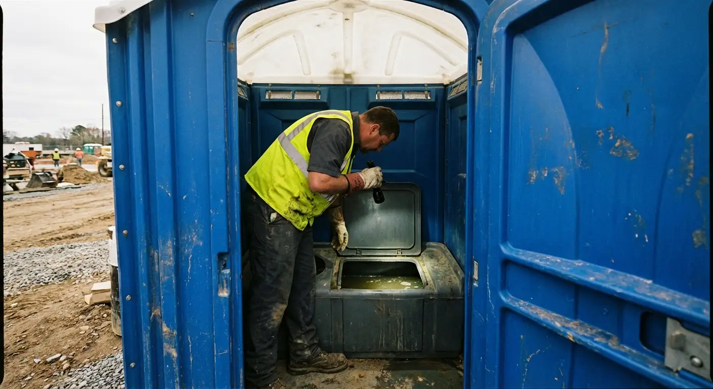 Technician inspecting waste tank levels in Staten Island, NY